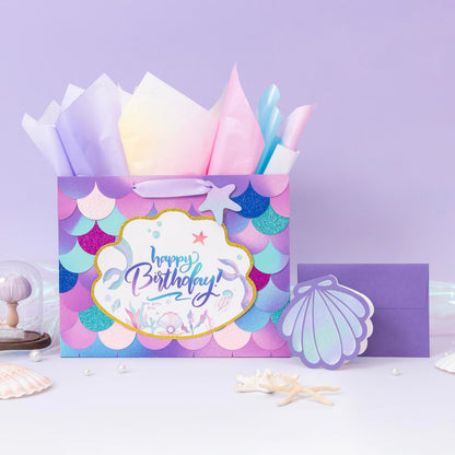 Crisky Mermaid Birthday Gift Bags for Girls with Tissue Paper and Seashell Card - 3 D Bling Design - Mermaid Gift Bag for Kids Women Birthday Decorations Purple Party Supplies Gifts Ideas