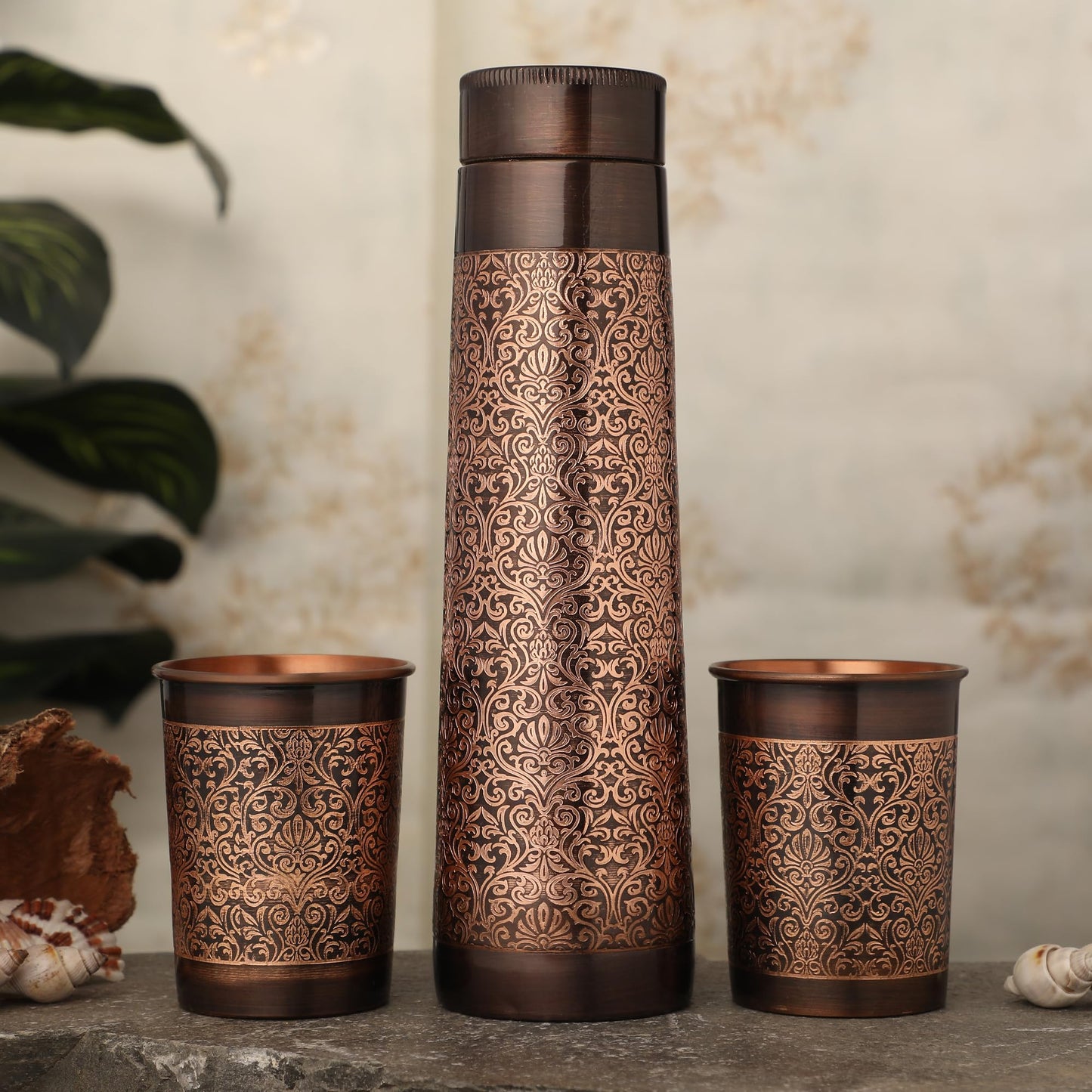 Pure Copper Water Bottle with 2 Tumblers Set, Beautiful Floral Pattern Light House Shape For Ayurveda Health Benefits