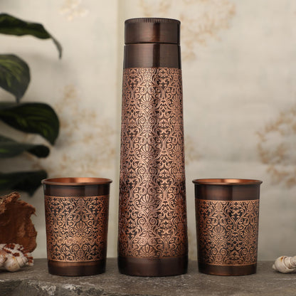 Pure Copper Water Bottle with 2 Tumblers Set, Beautiful Floral Pattern Light House Shape For Ayurveda Health Benefits