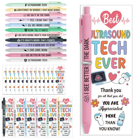 Gueevin 36 Sets Sonographer Gifts Set 12 Designs Ultrasound Themed Pen with Matching Themed Thank You Cards for Ultrasound Tech Week Sonography Student Graduation Radiology Nurse Appreciation