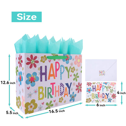 Qirrmiy 16.5” Extra Large Colorful Happy Birthday Gift Bag Set with Handles, Greeting Card, Tissue Papers and Stickers for Kids, Women, Girls, Newborn, New Moms or Parents, 1 Pcs