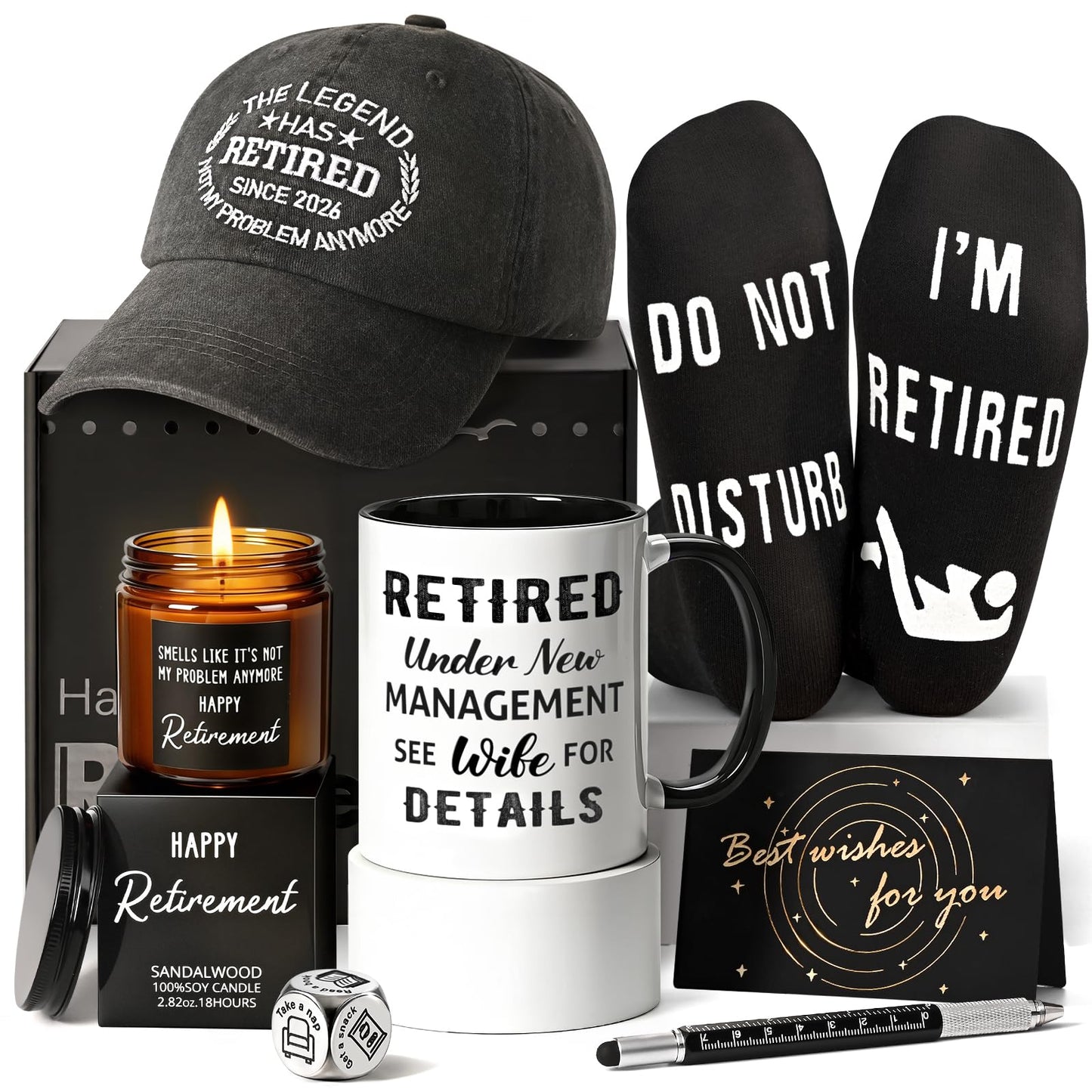 Cabtnca 8 Pcs Retirement Gifts for Men Funny Retirement Gift for Men 2026, for Coworker Dad Boss Grandpa Teachers, Includes Mug Hat Candle Socks Dice Pen Greeting Card, Retired Gifts for Man