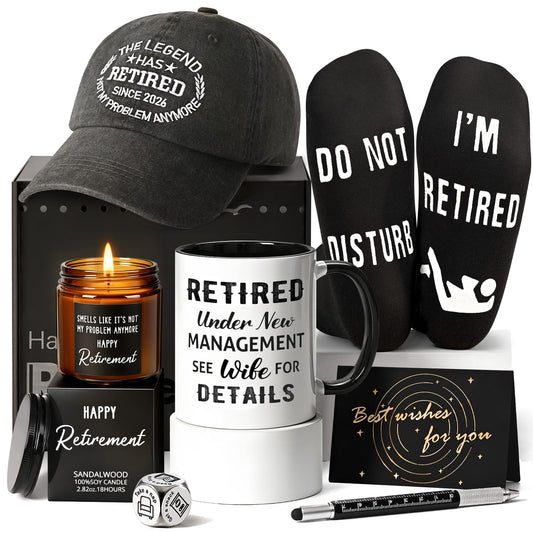 Cabtnca 8 Pcs Retirement Gifts for Men Funny Retirement Gift for Men 2026, for Coworker Dad Boss Grandpa Teachers, Includes Mug Hat Candle Socks Dice Pen Greeting Card, Retired Gifts for Man