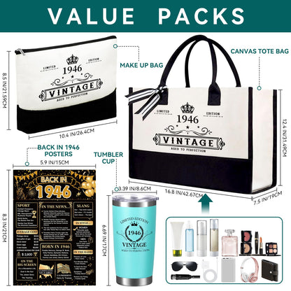 80th Birthday Gifts for Women Her- 4 pcs, Turning 80 Year Old Gifts, Decorations Canvas Beach Tote Bag & Makeup Bag, Unique Happy 80th Present for Her Mom Wife Friends