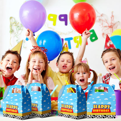 Ragnhild 16 Pcs Cartoon Story Birthday Party Favor Boxes, Cow Pattern Birthday Goodie Box Party Supplies, Blue Sky White Cloud Kraft Paper Gift Boxes for Kids Decorations
