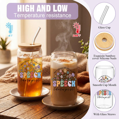 Kacctyen 3 Pcs Speech Therapist Gift for Women Speech Language Pathologist Appreciation Gifts Slp Therapy Tote Bag Badge Reel 17 oz Glass Cups with Lids and Straws for Birthday Retirement Holiday