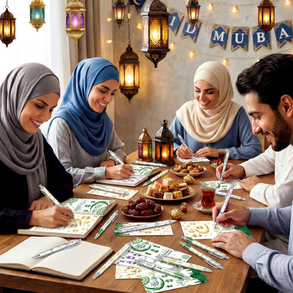 120 Pcs Ramadan Gifts Eid Mubarak Pens Bulk Include Retractable Ballpoint Pens Cards Greeting Gift Bags for Eid Party Favors Muslim Gifts Bulk Islamic Goody Bag Stuffers