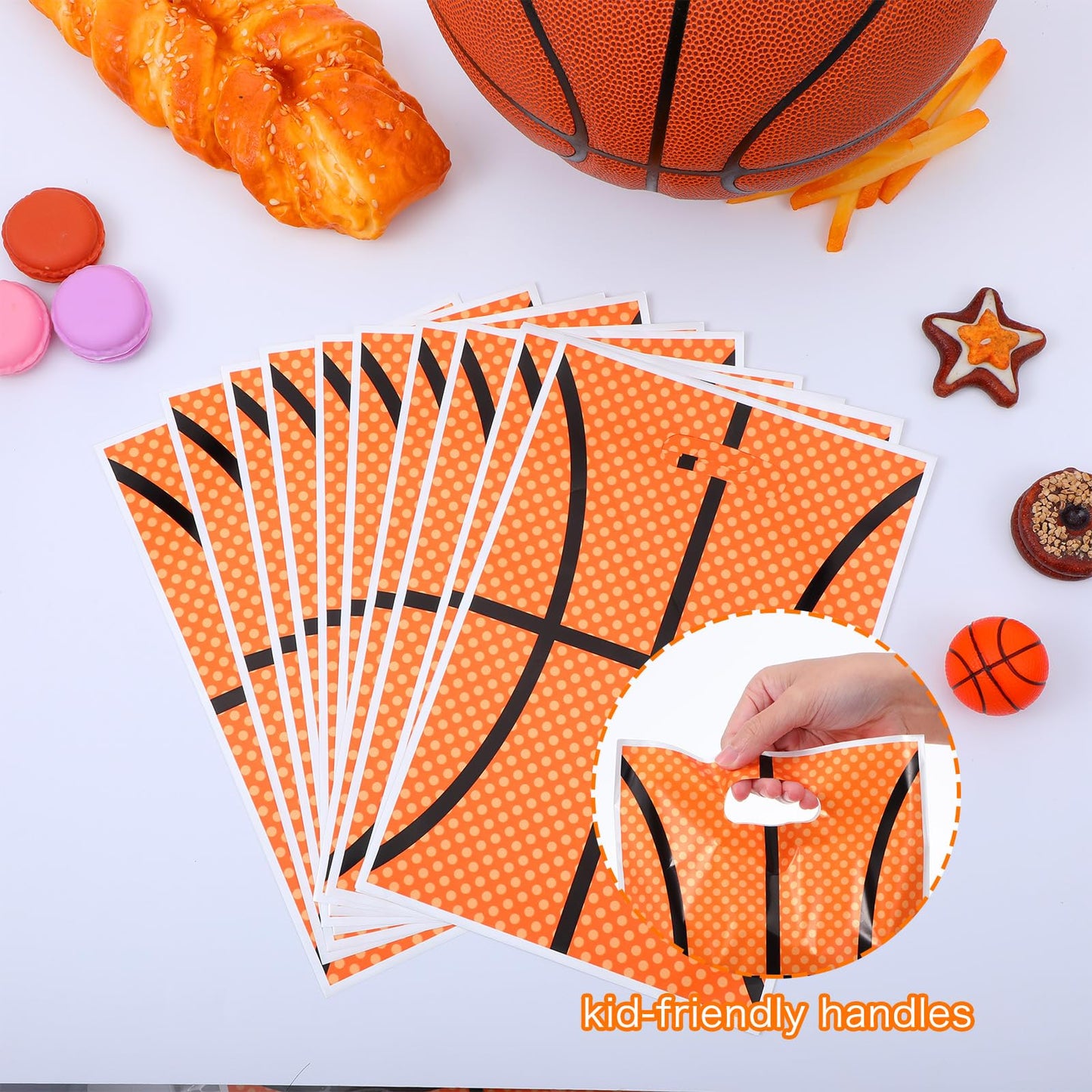 DOPENSPI 50PCS Basketball Gift Bags with Handle, 9.8x6.7in Plastic Basketball Goodie Bags Basketballs Party Favor Bag Basketballs Themed Parties Supplies for Birthday Sport Theme Party Decorations