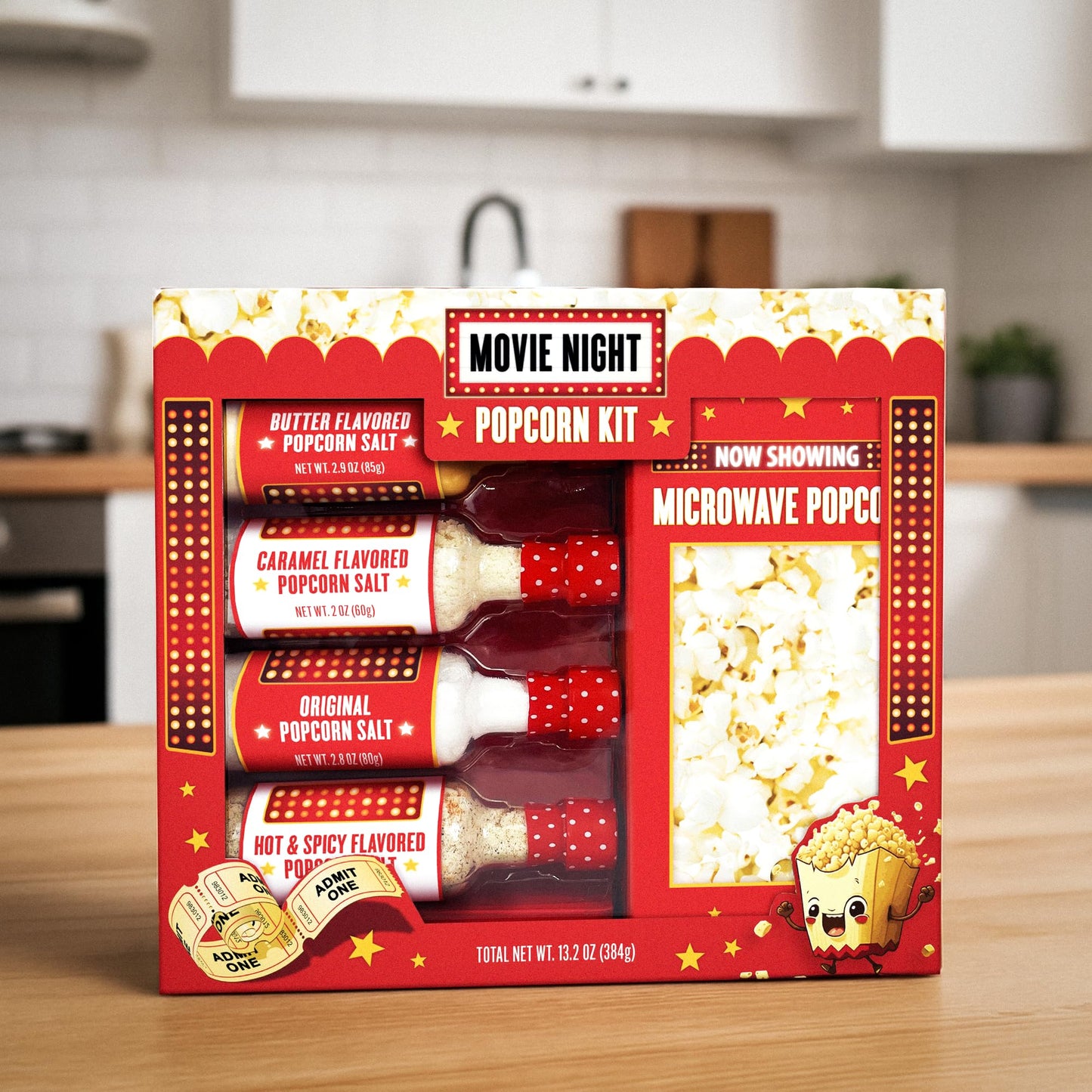 Movie Night Popcorn Kit with Popcorn Seasoning & movie night supplies, Fun Gift Basket for Families, House Warming Gifts New Home, or Birthday