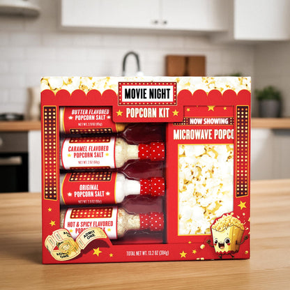 Movie Night Popcorn Kit with Popcorn Seasoning & movie night supplies, Fun Gift Basket for Families, House Warming Gifts New Home, or Birthday