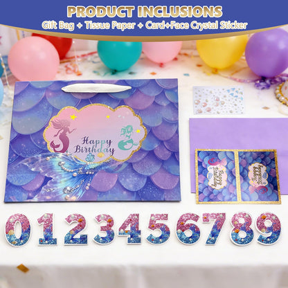 Fieoriia Birthday Gift Bags | Mermaid-themed gift bags with handles; includes cards, tissue paper, face decorations, and stickers. Suitable party supplies for women and girls aged 1-100. 1 pack