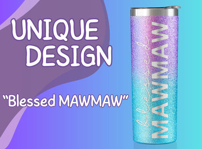 Onebttl Mawmaw Gifts for Grandma's Mother's Day, 20oz Purple & Blue Glitter Skinny Tumbler, Straw & Lid Included, Christian Gifts for Blessed Mawmaw