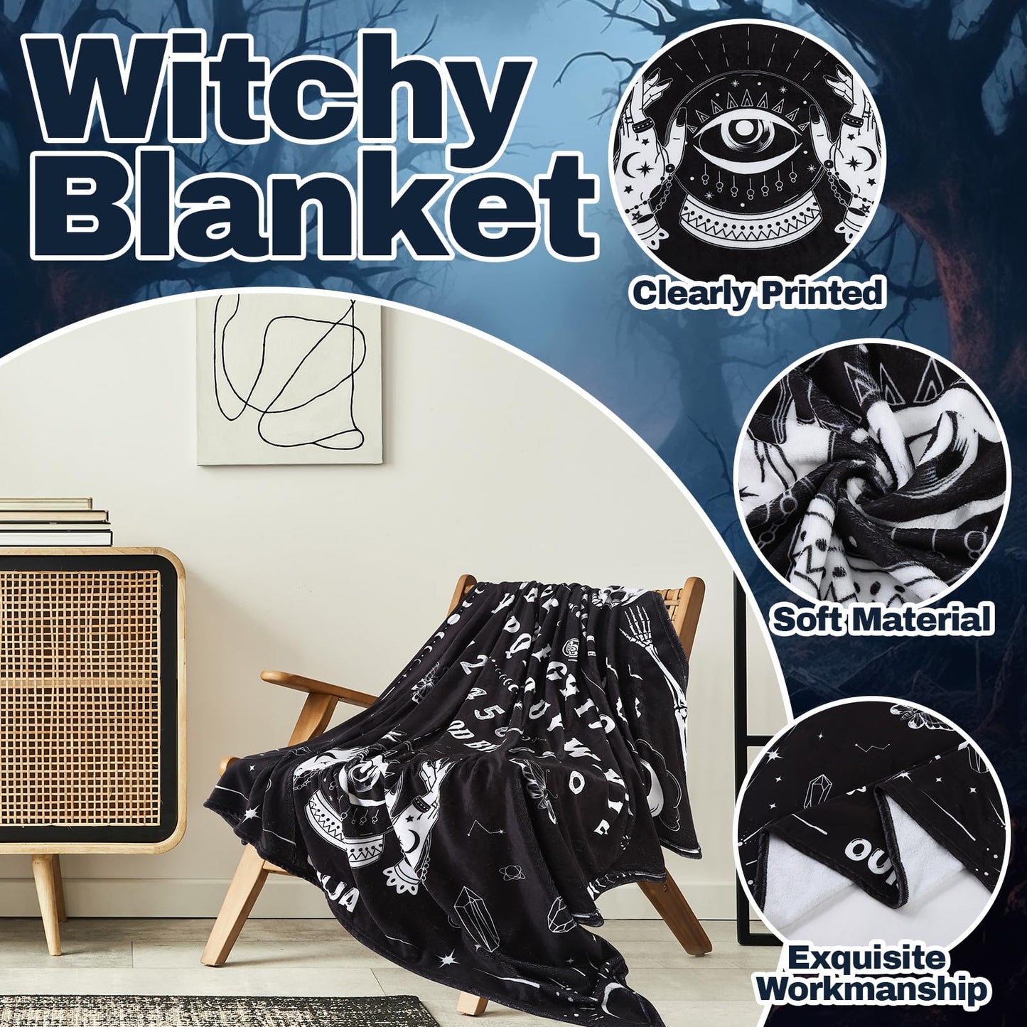 7 Pcs Witchy Gifts for Women Gothic Ouija Blanket Astrology Witch Canvas Tote Bag Makeup Bag Glass Cup Necklace Witchy Stuff Spooky Favors Gothic Gifts for Women