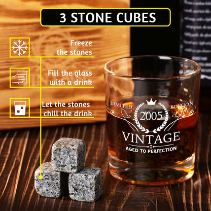 2025 21st Birthday Gift For Him, 21 Year Old Gifts For Men Whiskey Glass Set - 21st Birthday Decorations, Party Supplies - Bday Gifts Ideas For Him, Friends - Wood Box & Whiskey Stones & Coasters