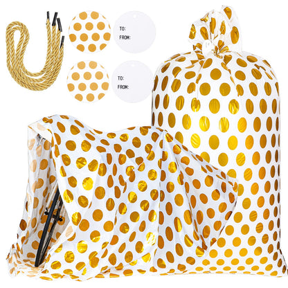 Sabary 2 Pcs 80 x 60 Inch Jumbo Bike Gift Bags Christmas Extra Large Plastic Giant Thicken Bicycle Bag White and Gold Dots Xmas Holiday Bags for Snack Treat Goodies Weddings Birthdays Engagement Party