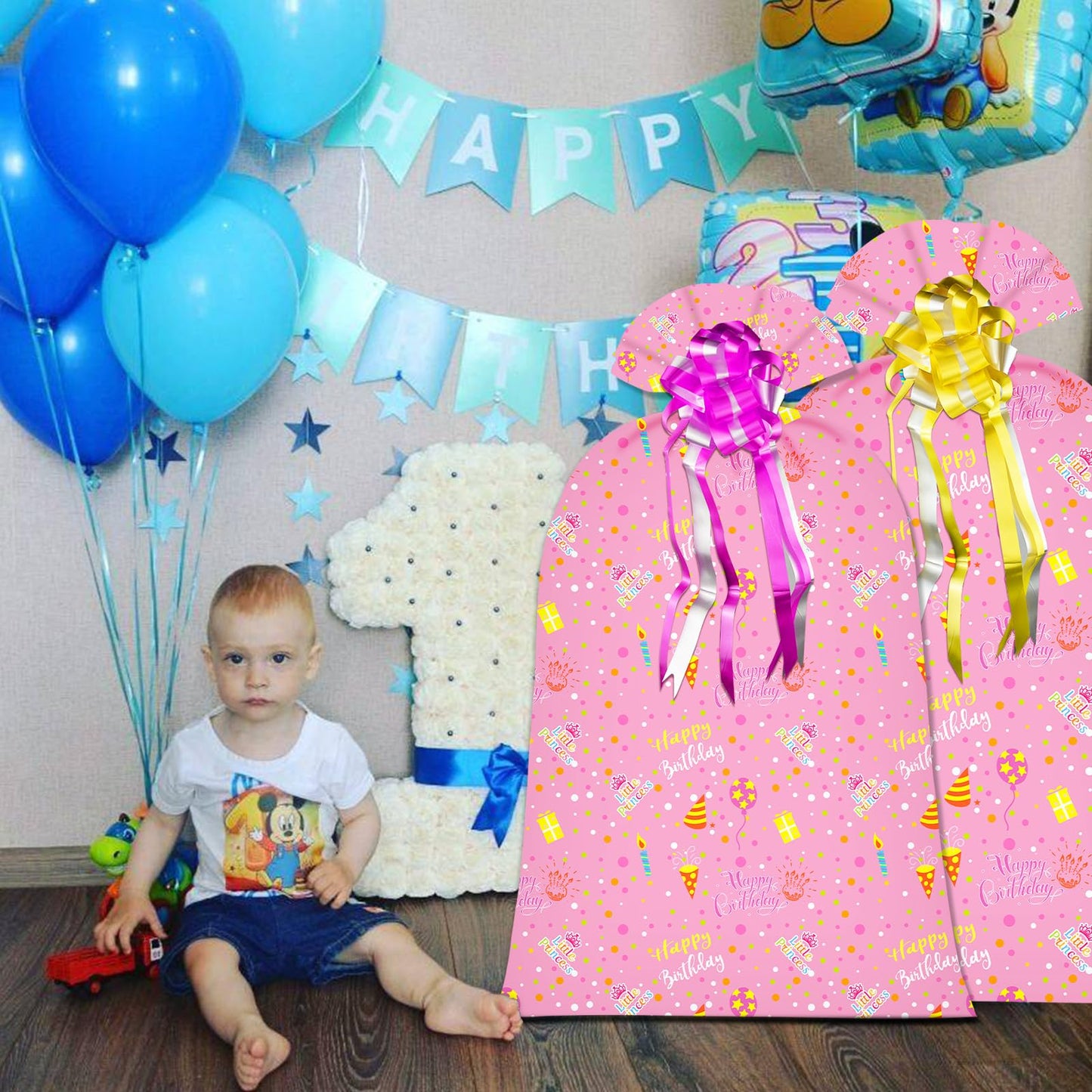 2 Pcs Large Gift Bags Oversized Plastic Storage Bags 48"x 36" with 2 Pcs Pull Bows for Huge Big Birthday Gift Presents Wrapping, Kids Bike Gift Bags, Birthdays, Parties, New Parents Baby Showers