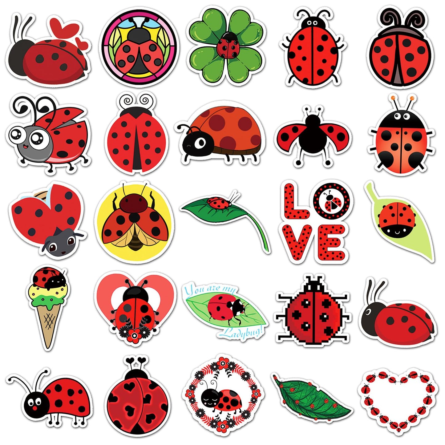 50 Pcs Cute Ladybug Stickers - Waterproof Vinyl Ladybug Decals with Love/Fruit Motifs for Skateboard, Laptop, Fridge & Luggage (Assorted Adorable Ladybug Designs)(Ladybug)
