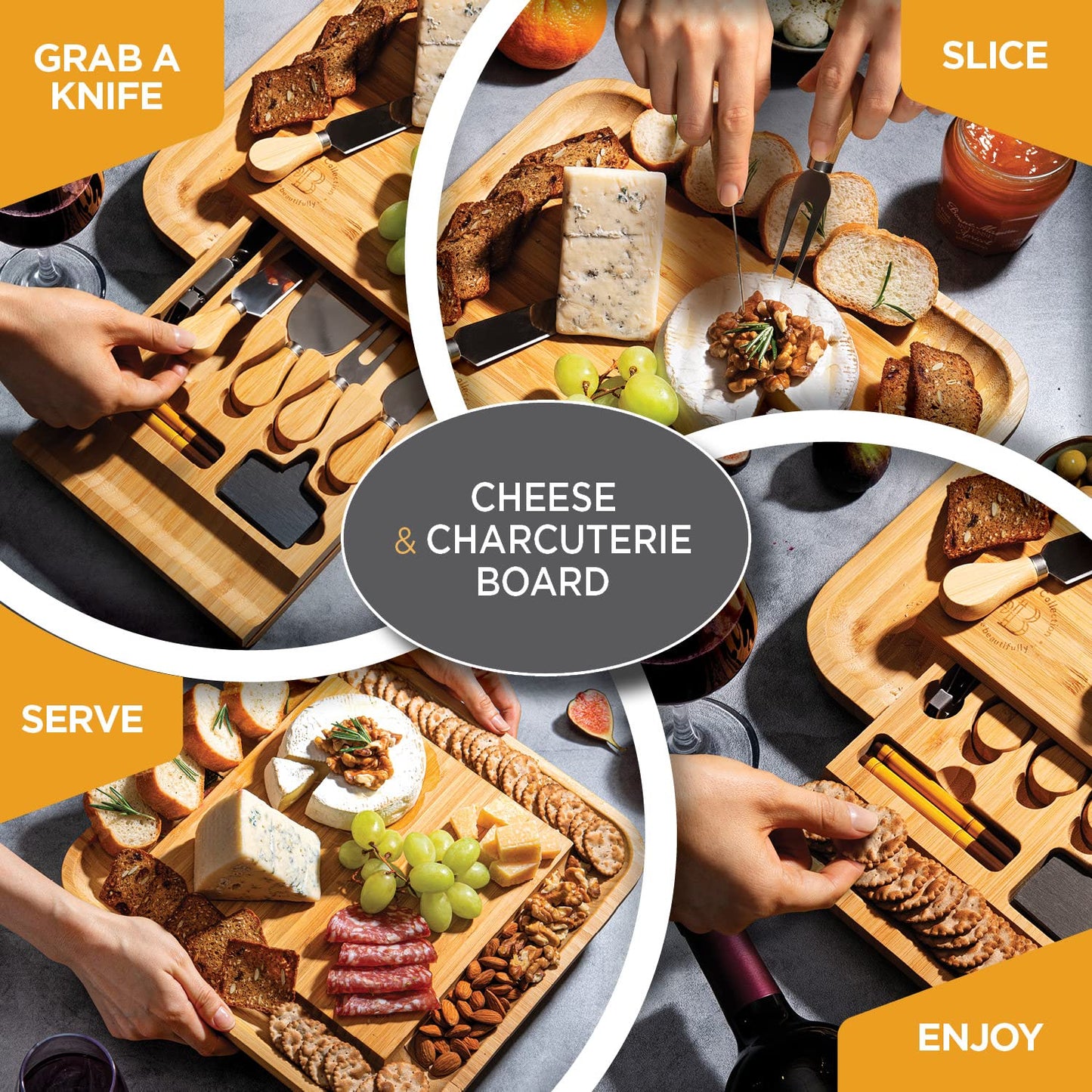 Charcuterie Boards Gift Set - Bamboo Cheese Board Set with Serving Knives, Meat Cheese Platter for Hosting Party Entertaining - Gifts for Women, Mom Dad, Wedding, Birthday, House Warming Gift New Home