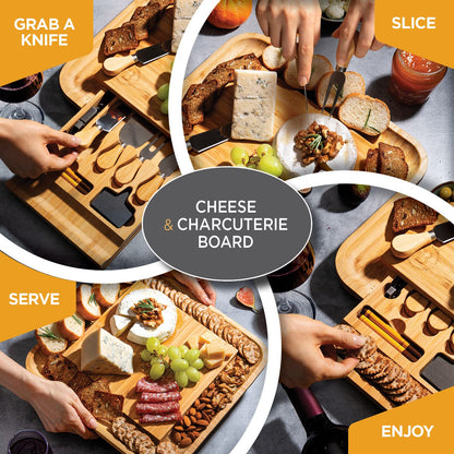 Charcuterie Boards Gift Set - Bamboo Cheese Board Set with Serving Knives, Meat Cheese Platter for Hosting Party Entertaining - Gifts for Women, Mom Dad, Wedding, Birthday, House Warming Gift New Home