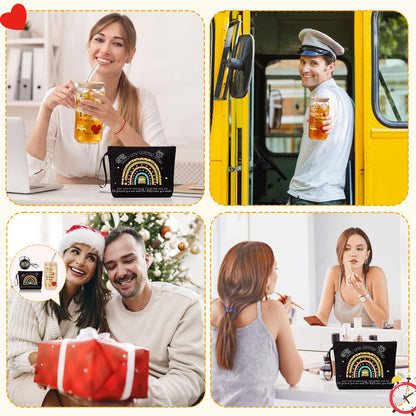 Kacctyen Bus Driver Appreciation Gifts for Women, School Bus Driver Gift Set, 17 oz Glass Cup with Lid and Straw, Makeup Bag and Keychain Thank You Gift for Drivers