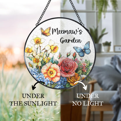 Meemaw's Garden Gifts Stained Glass Suncatcher for Grandma from Grandkids, Meemaw Grandma Gifts Window Hanging Wall Art Decoration for Mothers Day Christmas Birthday, 7.8 x 7.8 in