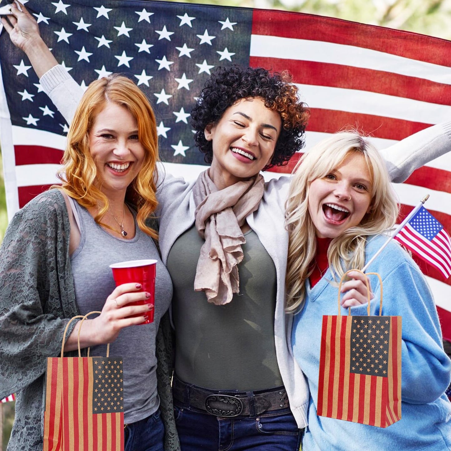JarThenaAMCS 24 Pcs Patriotic Paper Gift Bags with Tissue Paper Star Gift Tag Rope 4th of July American Flag Kraft Goodie Treat Bag with Handles for Independence Day 250th Anniversary Memorial Day