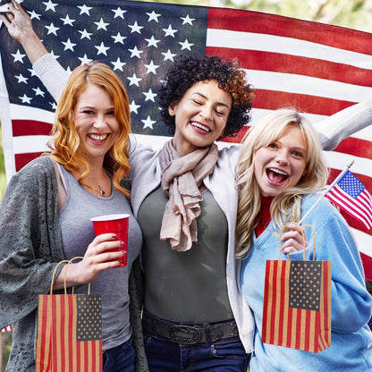 JarThenaAMCS 24 Pcs Patriotic Paper Gift Bags with Tissue Paper Star Gift Tag Rope 4th of July American Flag Kraft Goodie Treat Bag with Handles for Independence Day 250th Anniversary Memorial Day