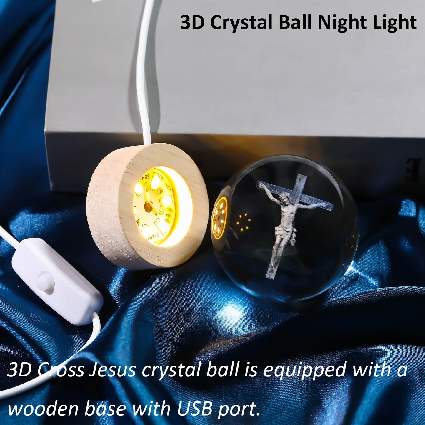 Arikyrist 3D Crystal Cross Jesus Figurine Statue, 3D Jesus Nativity Scene Crystal Ball Night Light with Cross Decor, Laser Engraved Crucifix Easter Decoration Christian Catholic Religious Gifts