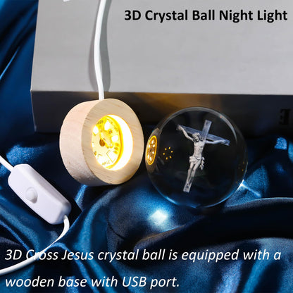 Arikyrist 3D Crystal Cross Jesus Figurine Statue, 3D Jesus Nativity Scene Crystal Ball Night Light with Cross Decor, Laser Engraved Crucifix Easter Decoration Christian Catholic Religious Gifts
