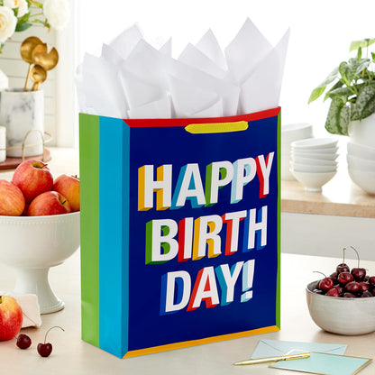 Hallmark 15" Extra Large Birthday Gift Bag with Tissue Paper (Happy Birthday, Red, Blue, Yellow, Green) for Kids, Teachers, Coworkers, Friends
