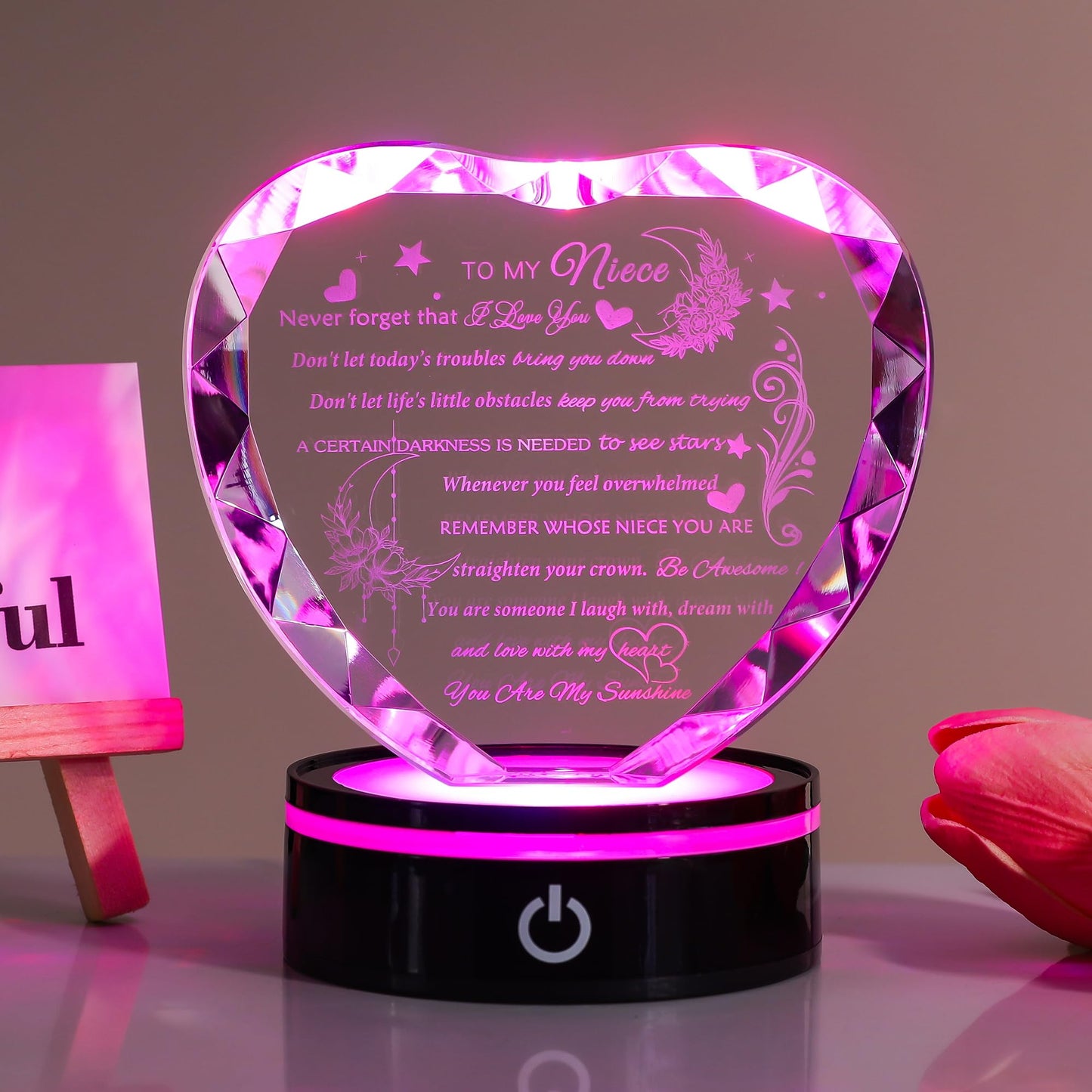 YWHL Niece Gifts from Auntie Uncle Heart Crystal Inspirational Graduation Gift for Niece with Colorful LED Base Unique Niece Gifts from Aunt on Birthday Christmas Valentine Day