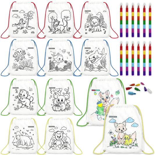 12 PCS Colorable Drawstring Backpack for kids with 12 stackable crayons (7 Colors Each), Perfect for return gifts, birthday goodie bags and art party favor bags for kids