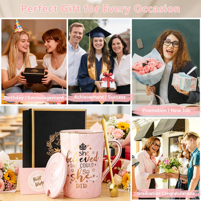 Graduation Gifts for Her 2026 - She Believed She Could So She Did Mug - Valentines Spiritual Motivational Congratulations Gifts for Women, 14oz Pink Ceramic Marble Gold Print Coffee Cup, Nicely Boxed