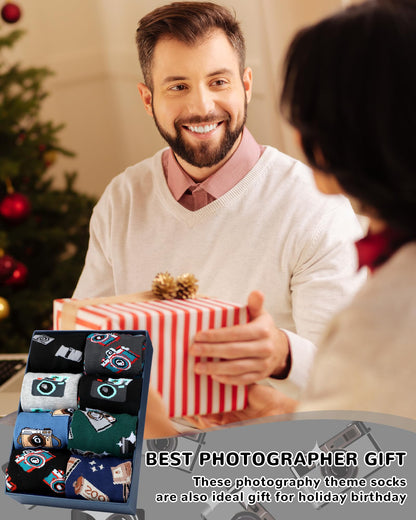 Glitopper 8 Pairs Novelty Photography Gifts Socks for Men Funny Camera Crew Socks Birthday Father's Day Gift for Photograph Lovers