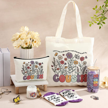 Funnymoom 6 Pcs Cousin Gifts for Women Cousin Birthday Gift Set with 17 oz Glass Cup Canvas Tote Makeup Bag Thanksgiving Valentines Mothers Day Appreciation Gift from Friends Parents