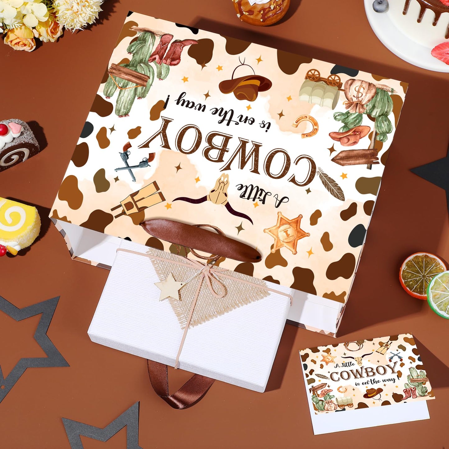 Frakron Cowboy Baby Shower Birthday Gift Bag for Baby Boys A Little Cowboy is On The Way Bag with Wrapping Paper Card Wild West Western Rodeo Gift Bag for Baby Shower Birthday Party Supplies
