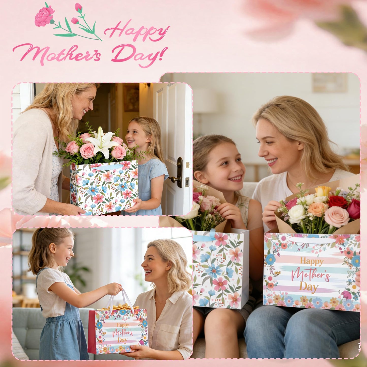 2 Pack 13" Large Mothers Day Gift Bags, Reusable Paper Mothers Day Floral Gift Bag with Handles Elegant Mothers Gift Wrap Bags with Flowers Pattern Design for Woman Moms Grandmas Gift Wrapping Supplie
