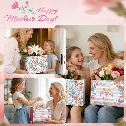 2 Pack 13" Large Mothers Day Gift Bags, Reusable Paper Mothers Day Floral Gift Bag with Handles Elegant Mothers Gift Wrap Bags with Flowers Pattern Design for Woman Moms Grandmas Gift Wrapping Supplie