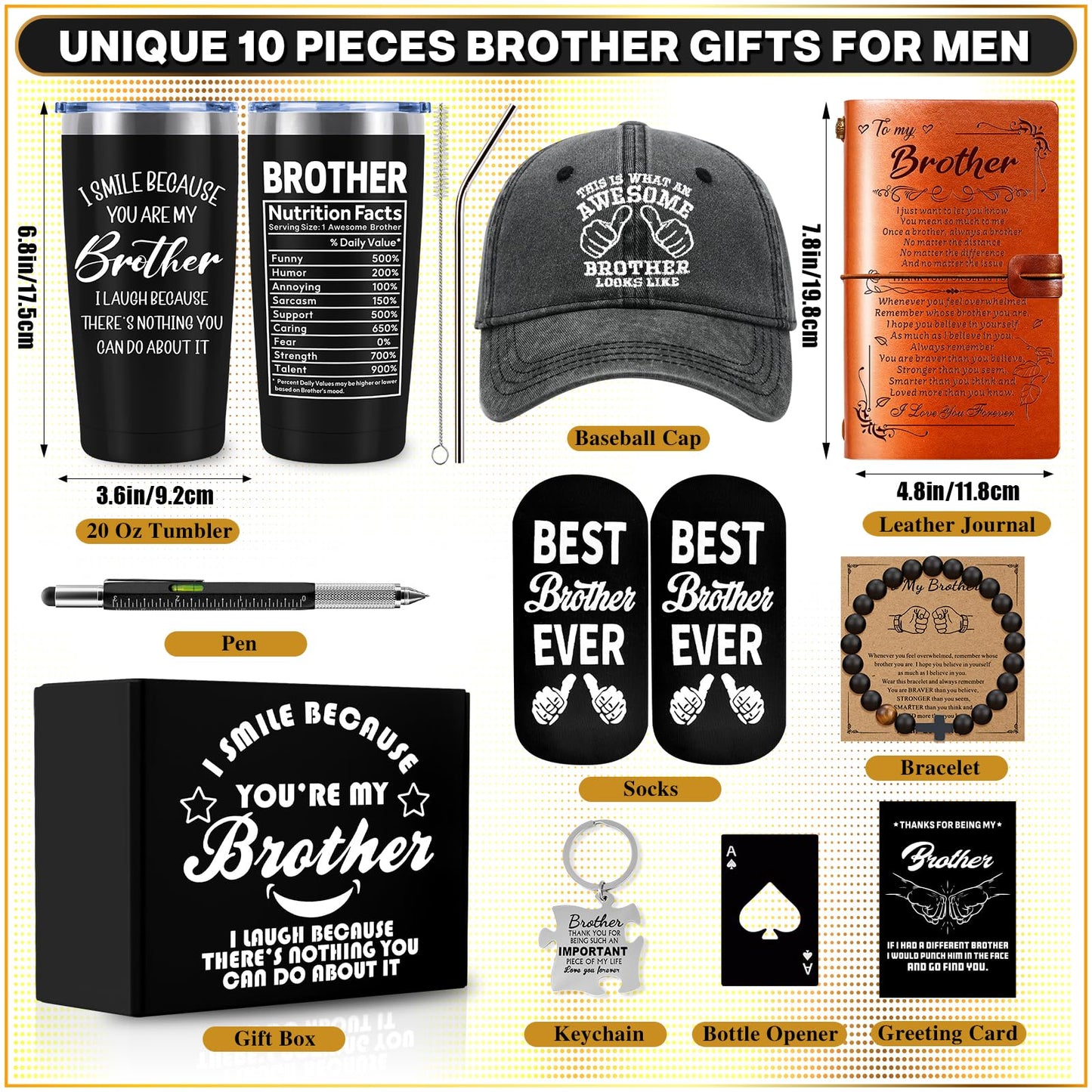 10 PCS Brother Gifts from Sister with 20 Oz Tumbler Journal Cap Bracelet Socks Pen, Birthday Christmas Christian Gift for Brother Adult, Son, Nephew, Grandson