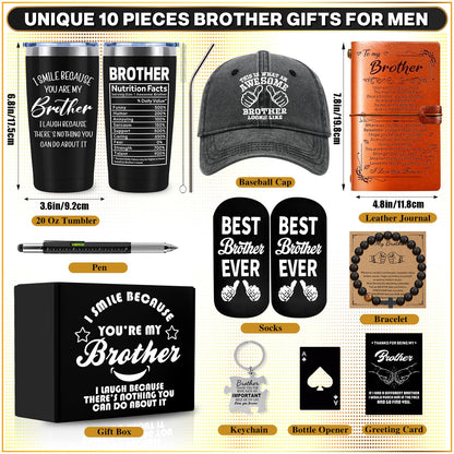 10 PCS Brother Gifts from Sister with 20 Oz Tumbler Journal Cap Bracelet Socks Pen, Birthday Christmas Christian Gift for Brother Adult, Son, Nephew, Grandson