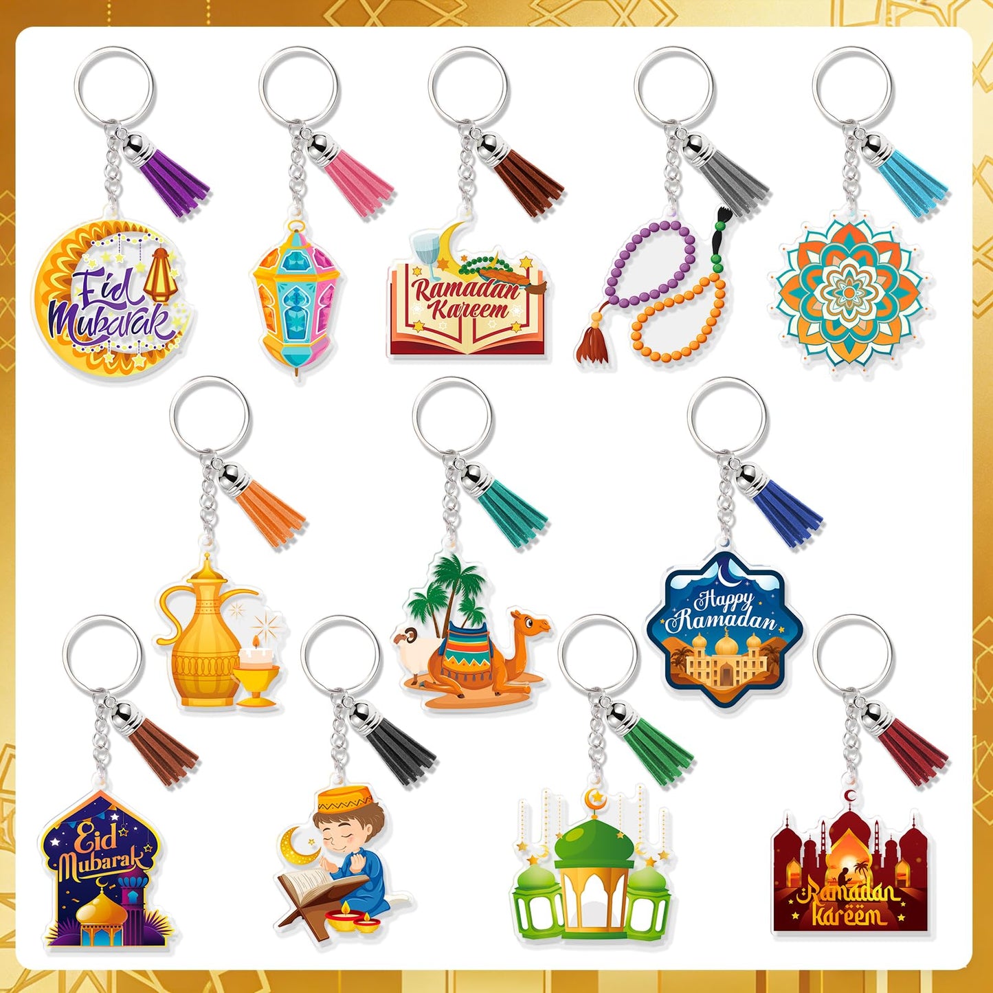 HOWAF 12pcs Eid Ramadan Keychains Set, Eid Mubarak Acrylic Keychain Making Kits with Rings and Tassels, Ramadan Mubarak DIY Craft Keyring for Muslim Celebration Gift Set