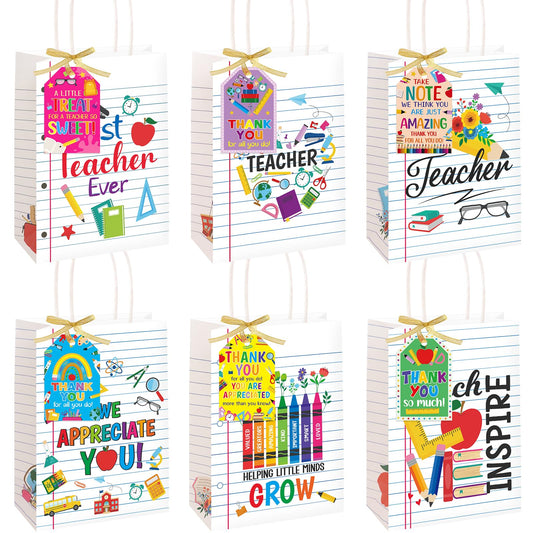 ceiba tree Teacher Appreciation Gift Bags with Handles and Tags 12Pcs Back to School Paper Bags Lined Notebook Theme Treat Bags for Teacher Appreciation Week End of Year Graduation Party Supplies