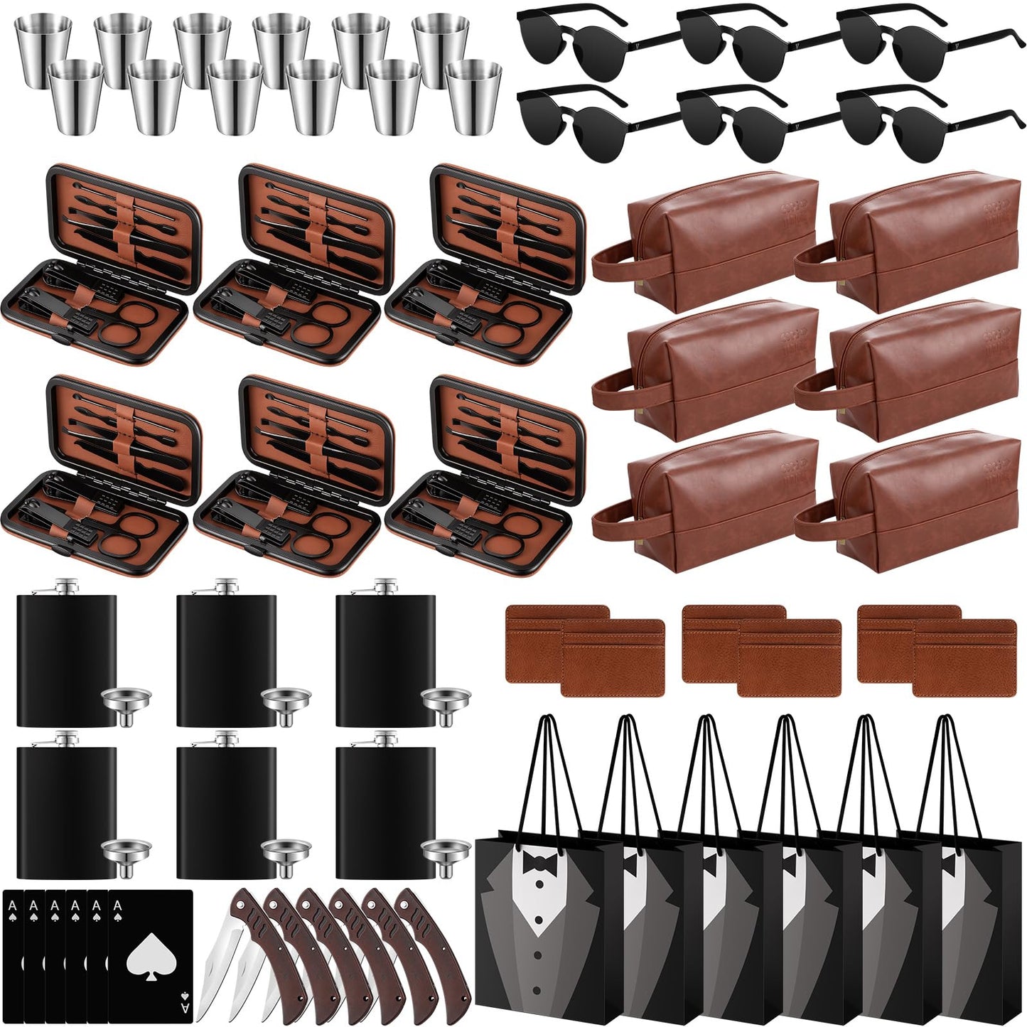 Suclain 60 Pcs Groomsmen Proposal Gift 6 Leather Toiletry Bag 6 Card Bag 6 Manicure Set 6 Stainless Steel Hip Flask Set 6 Poker Bottle Opener 6 Sunglasses 6 Knifes 6 Groomsmen Gift Bags