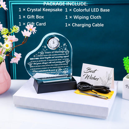 YWHL 50th Anniversary Heart Gifts for Couple 50th Wedding Anniversary Crystal Gifts for Wife Husband with Colorful LED Base Romantic 50 Years of Marriage Gift for Her Him (Battery not Included)