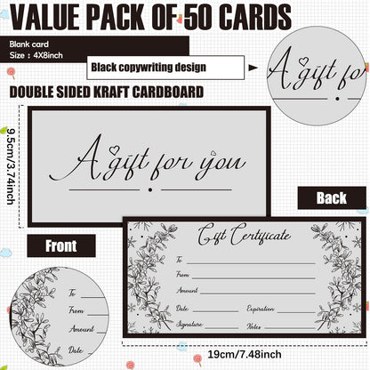 Spiareal 50 Pcs Blank Gift Certificates for Small Businesses 3.75 x 7.5 Inches Double Sided Kraft Black Foil Certificate Cards Paper Vouchers for Hair Salons Spa Restaurants(Grey)