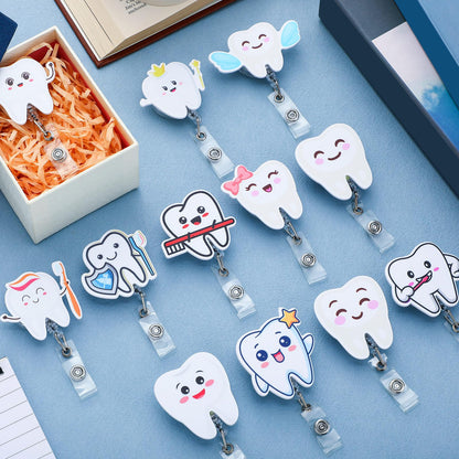 Geyoga 12 Pcs Dental Badge Reel Dental Hygiene Appreciation Gifts Tooth Shaped Badge Holder Retractable with ID Clip for Nurse Week Coworker Office Hygiene Hygienist School Student Friend Graduation