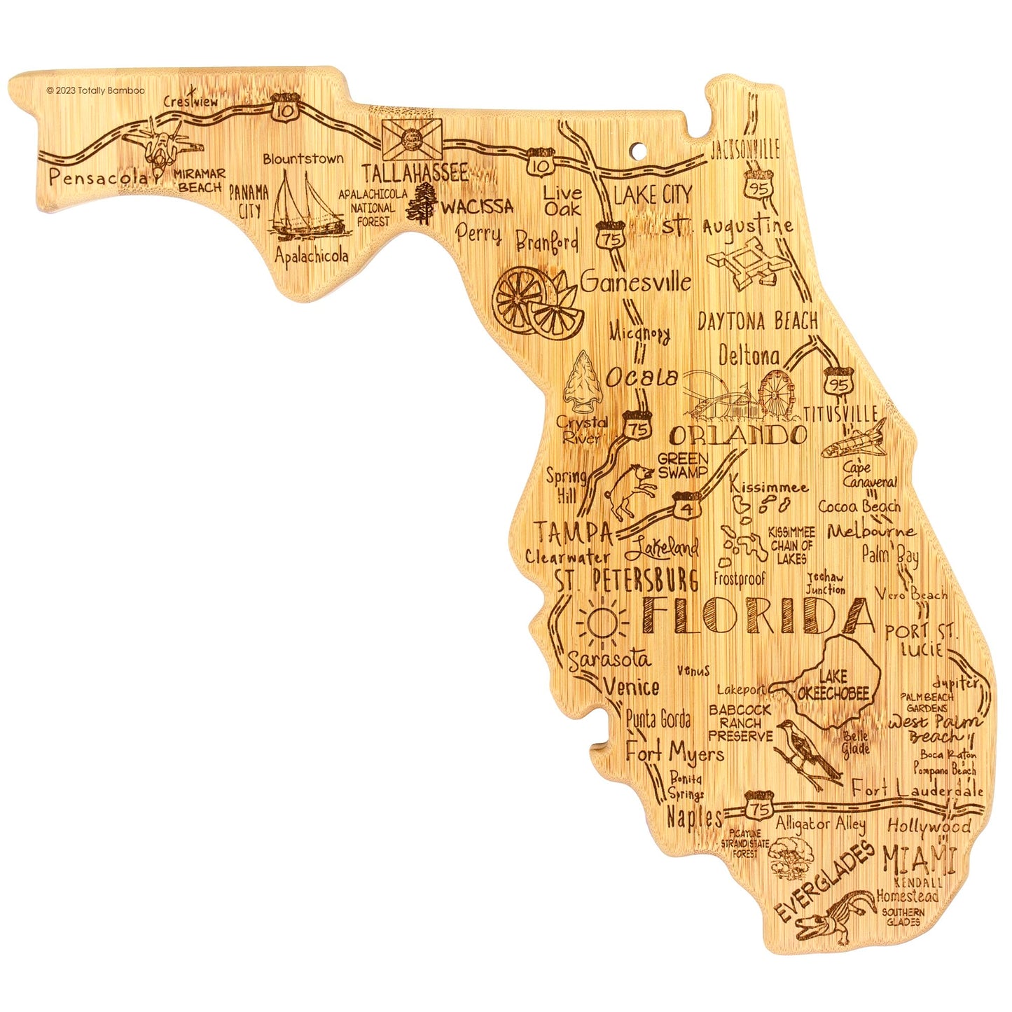 Totally Bamboo Destination Florida Shaped Cutting Board – Bamboo Charcuterie and Serving Board with Hang Tie for Wall Display