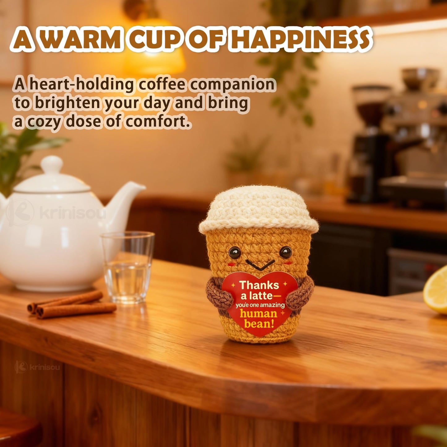 Thank You & Appreciation Gift for Women Men, Coworkers, Teachers, Friends – Cute Handmade Crochet “Thanks a Latte” Coffee Cup Plush for Coffee Lovers