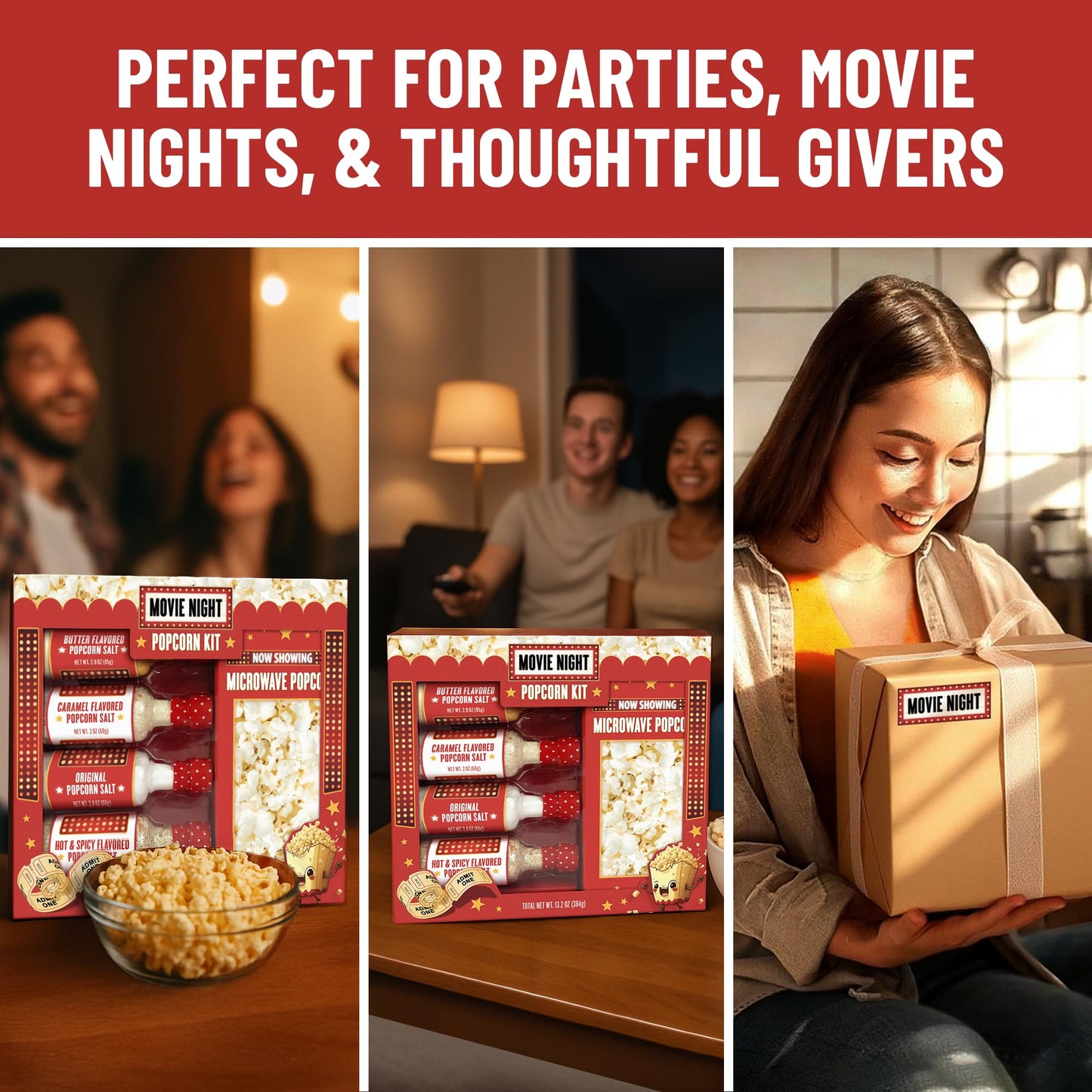 Movie Night Popcorn Kit with Popcorn Seasoning & movie night supplies, Fun Gift Basket for Families, House Warming Gifts New Home, or Birthday