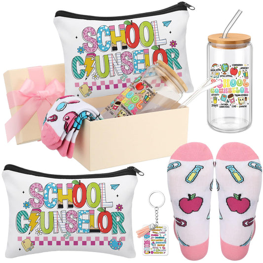 Skylety 5 Pcs School Counselor Week Gifts for Women Counselor Appreciation Gift Glass Cup Sock Cosmetic Bag Badge Holder Thank You School Counselors Gift Box for Schools Counseling Week Teacher